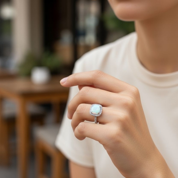 Vintage-inspired Solitaire Silver Gemstone White Opal Wedding Ring, Sz 10 - Picture 4 of 11